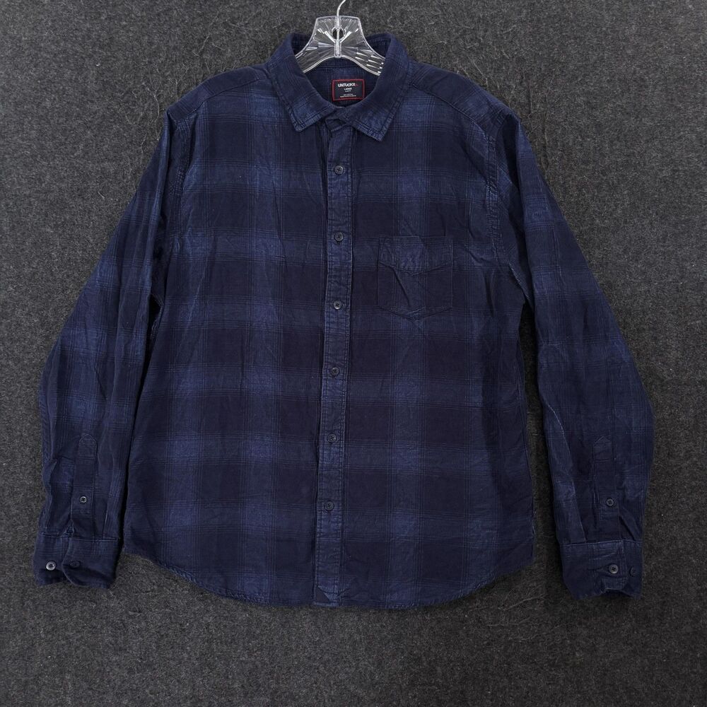 UNTUCKit Winfield Shirt Men's Large Navy Blue Plaid Corduroy Slim Fit Cotton